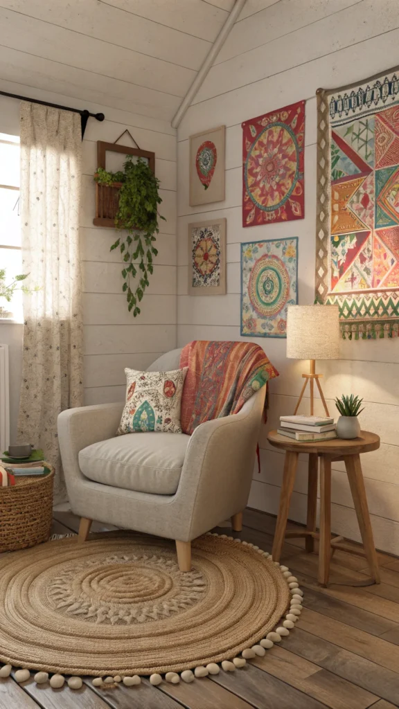 A cozy corner in a bohemian bedroom 