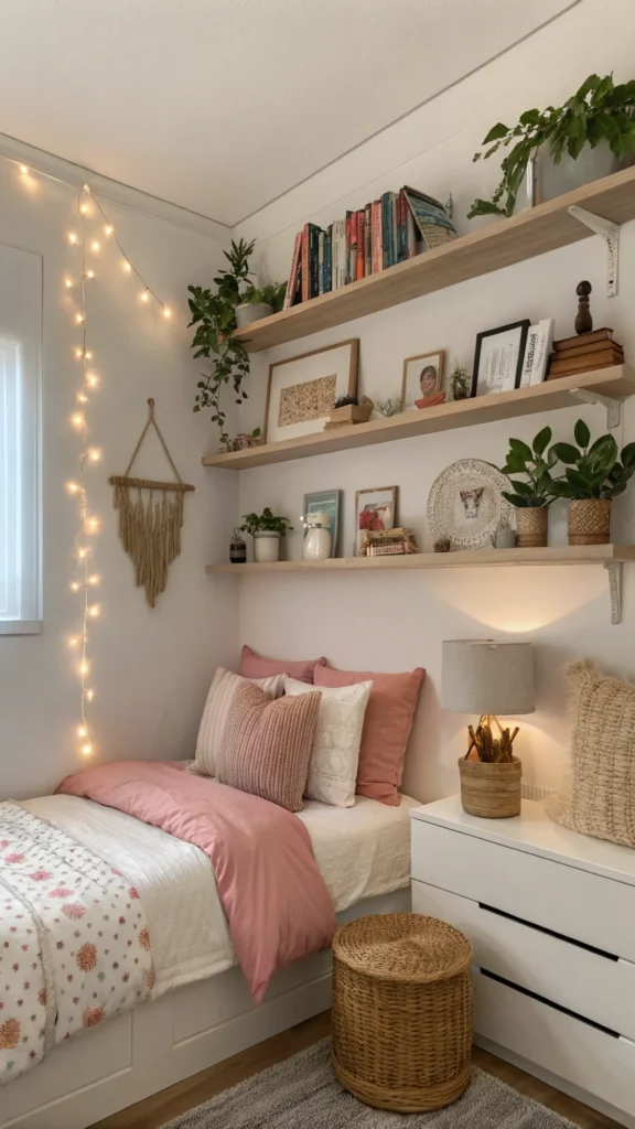 Cozy corner in a bedroom with floating shelves, soft colors, and decorative elements.