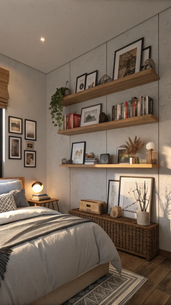 A cozy bedroom with floating shelves displaying framed photos, books, and decorative items.