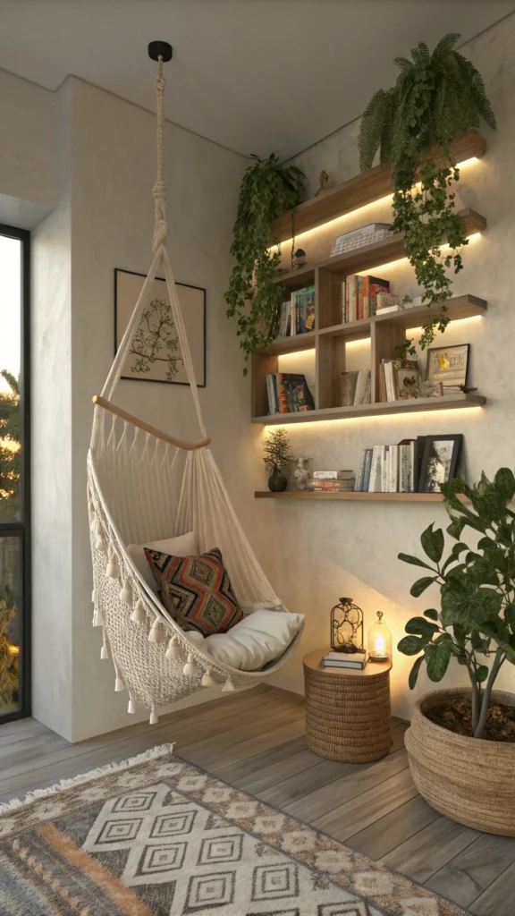 A serene bedroom corner featuring a hammock chair, floating bookshelves, a plant, and cozy decor.