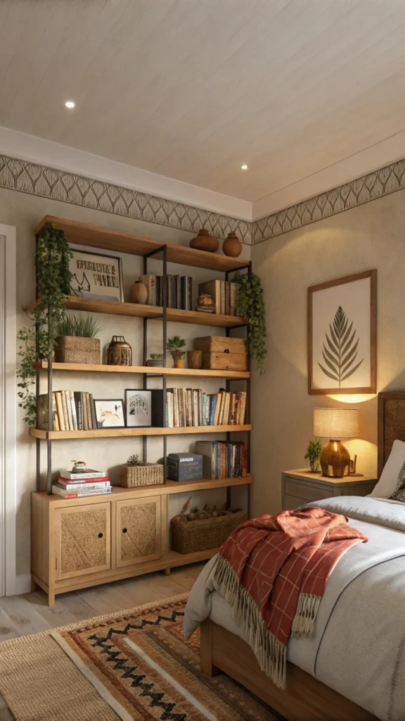 Cozy bedroom featuring artful shelf arrangements with books and decor