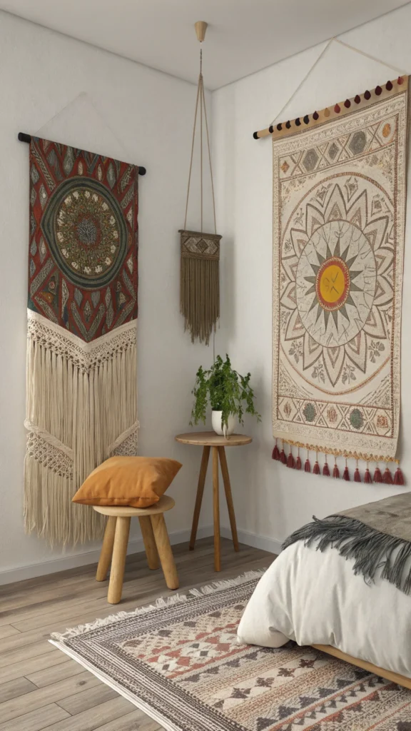 Two textile wall hangings in a bedroom, one with fringe and intricate patterns, and the other with a sun motif, complemented by a small plant and a cozy stool.