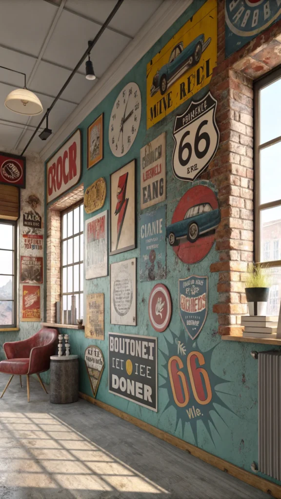 A vibrant wall covered with various signs and art pieces, blending grunge and whimsy.