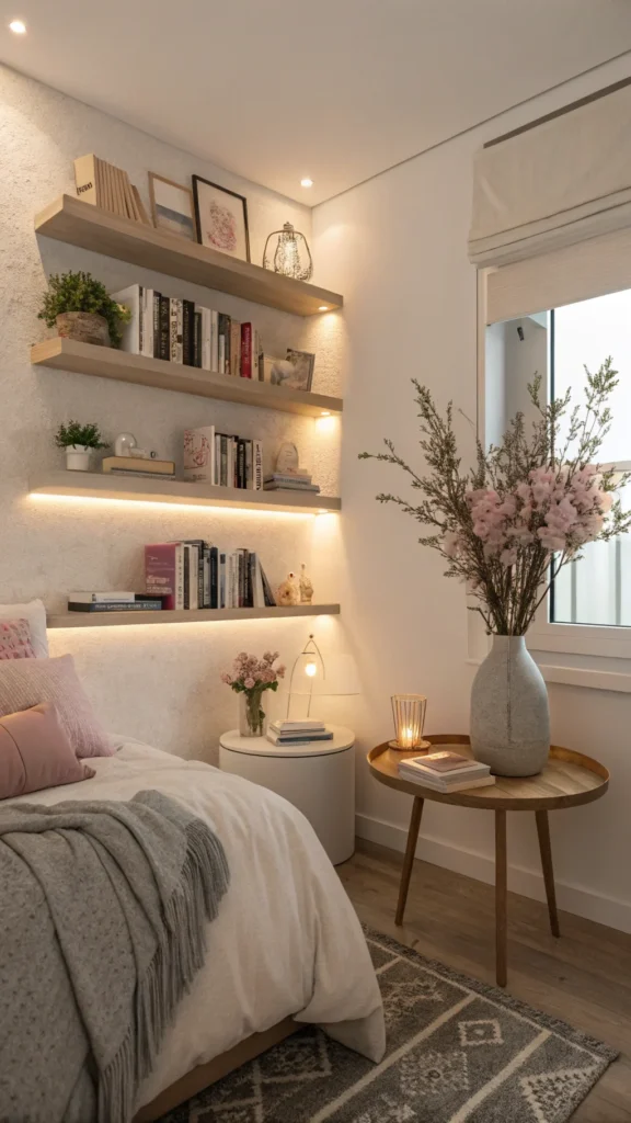 Cozy bedroom corner with floating shelves, a round side table with a vase, and soft bedding.