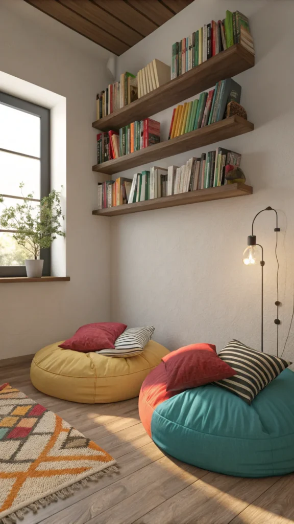 Cozy corner with colorful floor cushions and a floating shelf with books