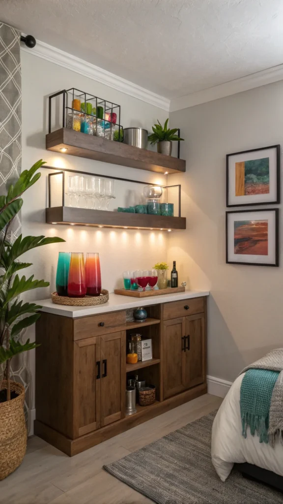 Floating shelves displaying a mini bar setup with colorful glasses and drinks, adding a cozy touch to a bedroom corner.