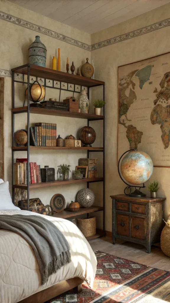 Eclectic shelves with globes, vases, and decorative items in a cozy bedroom setting.