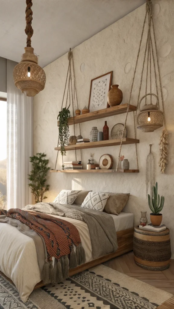 Floating wooden shelves adorned with decorative stones and pottery, enhancing the bohemian bedroom aesthetic.