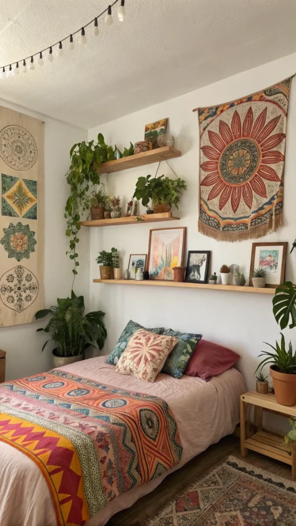 Bohemian bedroom with floating shelves displaying plants and framed photos