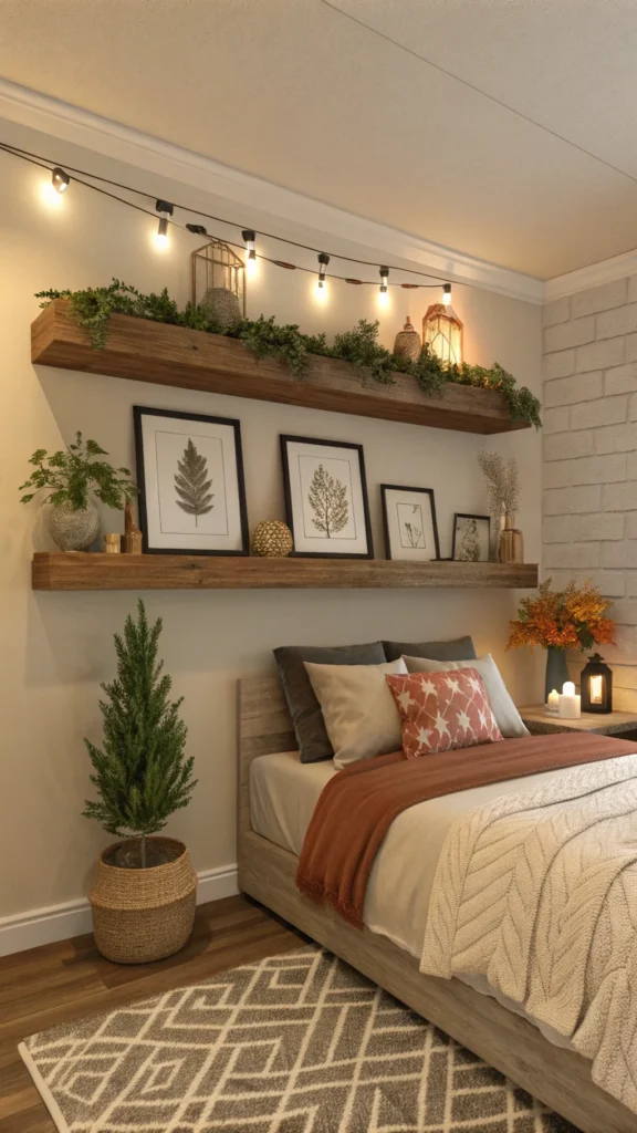 Floating shelf with seasonal decor including plants,and framed pictures above a cozy bed.