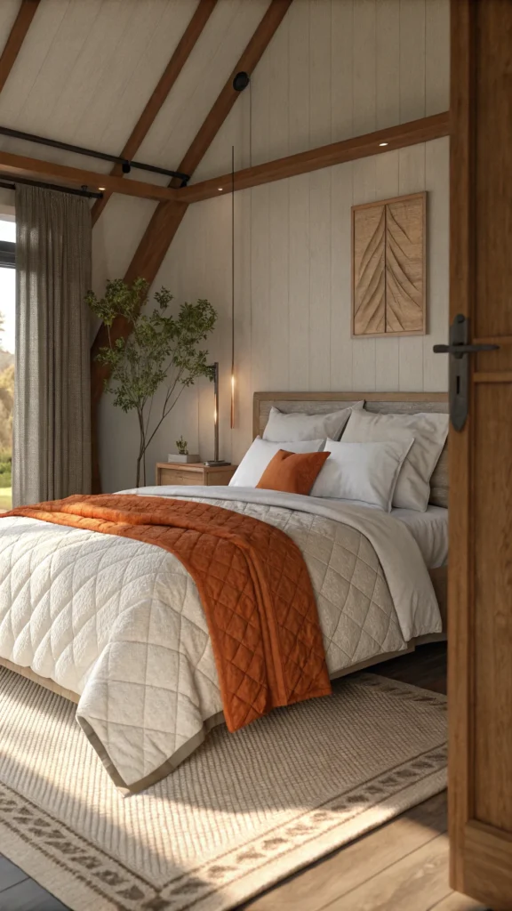 A cozy bed with layered textiles featuring a white quilt and an orange blanket and pillow.