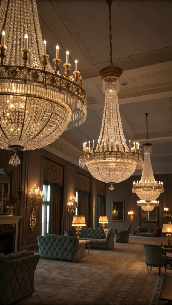 A collection of ornate chandeliers and warm lighting fixtures creating a cozy ambiance.