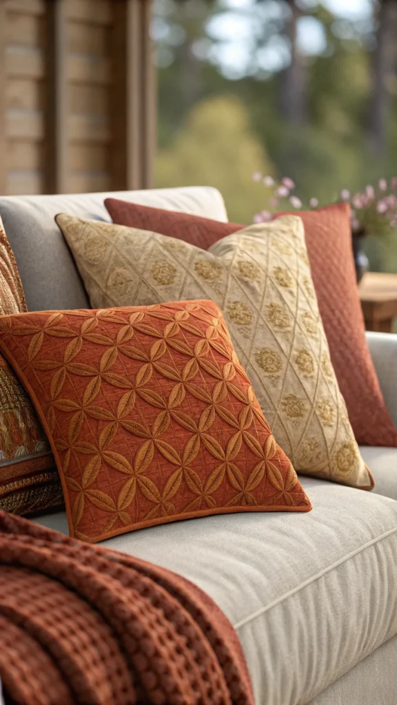 A close-up of cozy textured throw pillows in warm colors on a sofa.