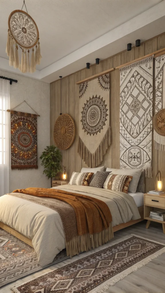 A cozy bedroom featuring bohemian wall hangings in earthy tones.