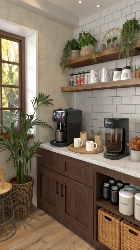 A cozy beverage corner featuring coffee makers, mugs, and plants.