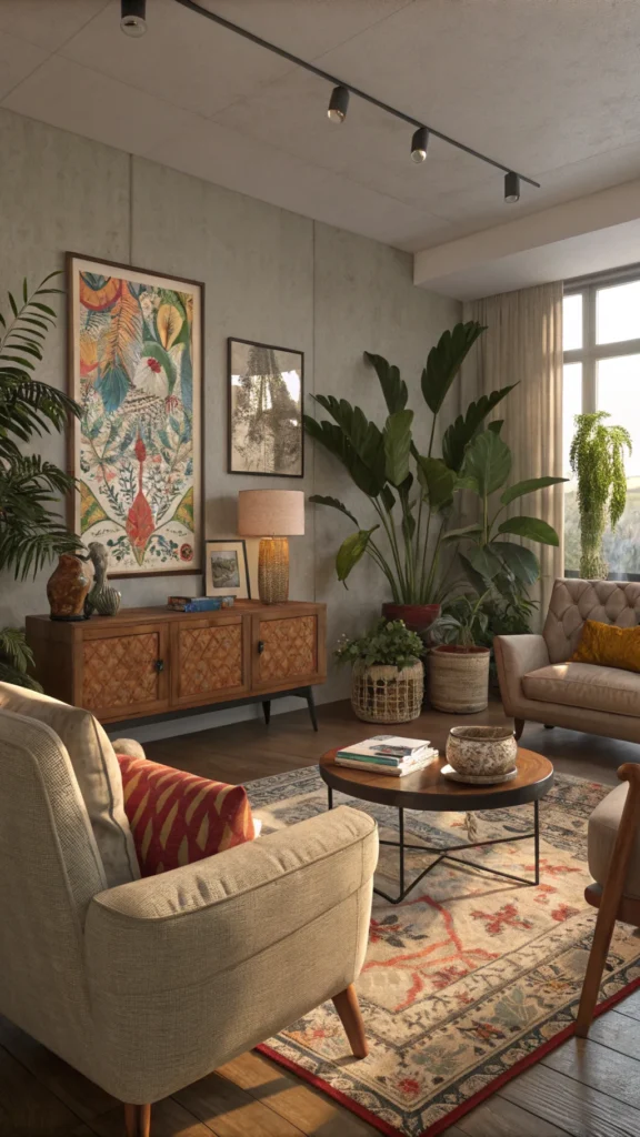 A living room showcasing a mix of vintage and eclectic furniture, with plants and artwork on display.