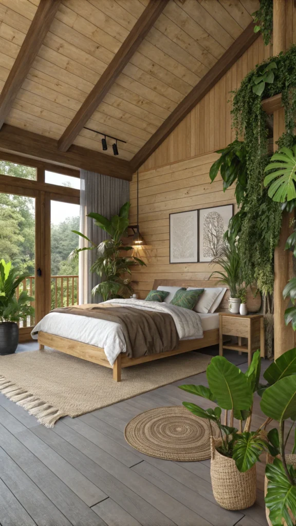 A cozy bedroom featuring wooden accents and various green plants.