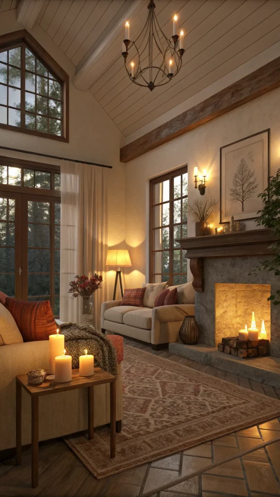 A cozy living room with soft lighting from lamps and candles