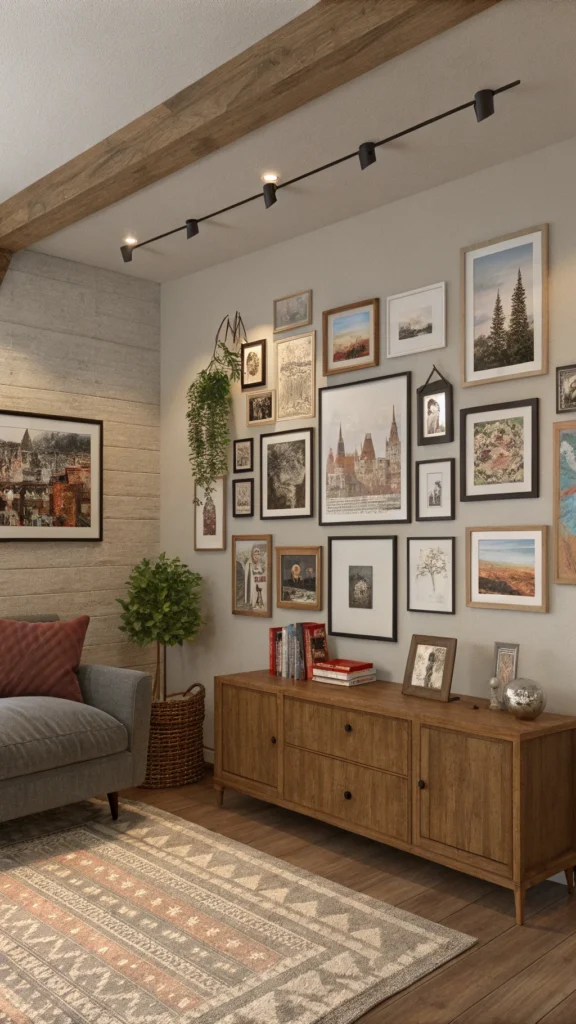 A cozy wall displaying a variety of framed photographs and art pieces, creating a personalized and inviting atmosphere.