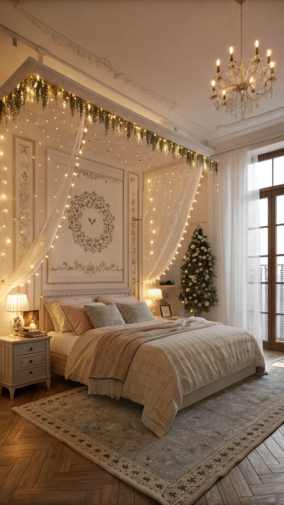 A beautifully decorated bedroom with fairy lights hanging on the walls, creating a warm and cozy atmosphere.