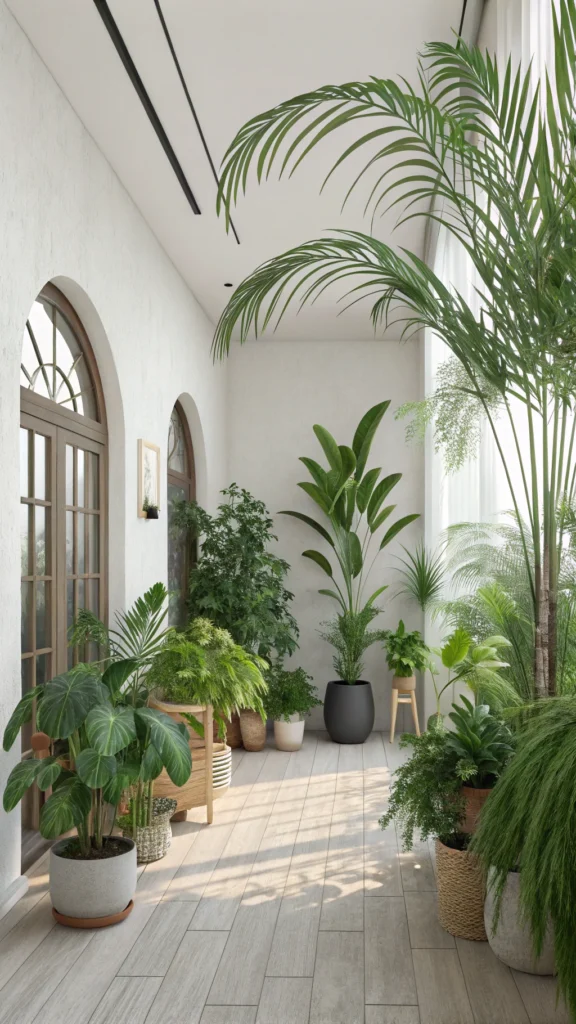 A bright room filled with various indoor plants, creating a fresh and inviting atmosphere.