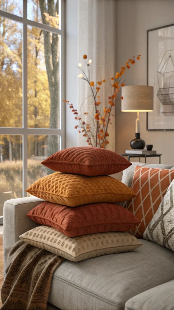 A pile of textured pillows in warm tones, showcasing cozy fall decor.