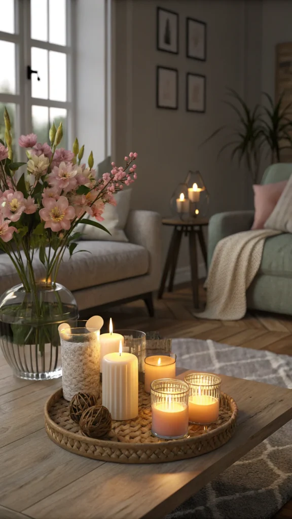 Cozy living room with a table displaying various scented candles and a flower arrangement.