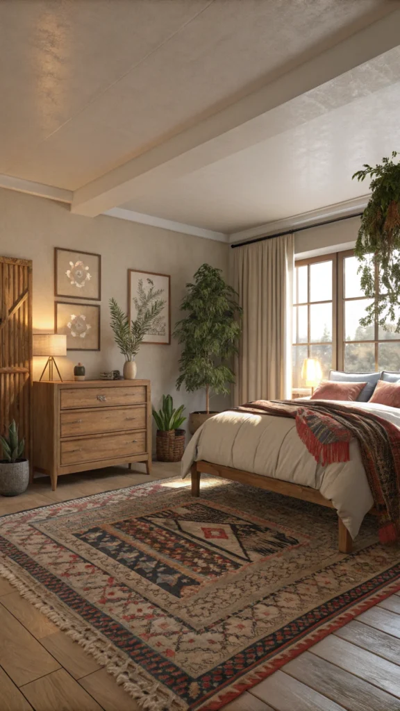 A cozy bedroom with layered rugs, showcasing a warm and inviting atmosphere.