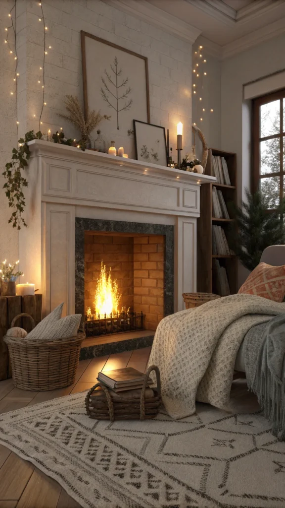 A cozy fireplace with warm flames, surrounded by soft blankets and decorative items.