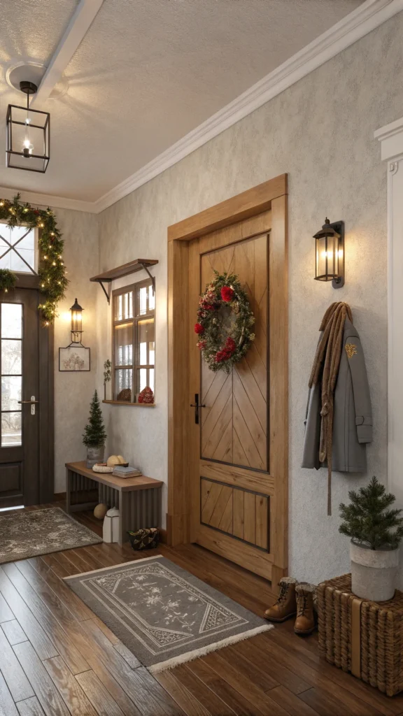 Cozy entryway with wreath, soft lighting, and decorative elements.