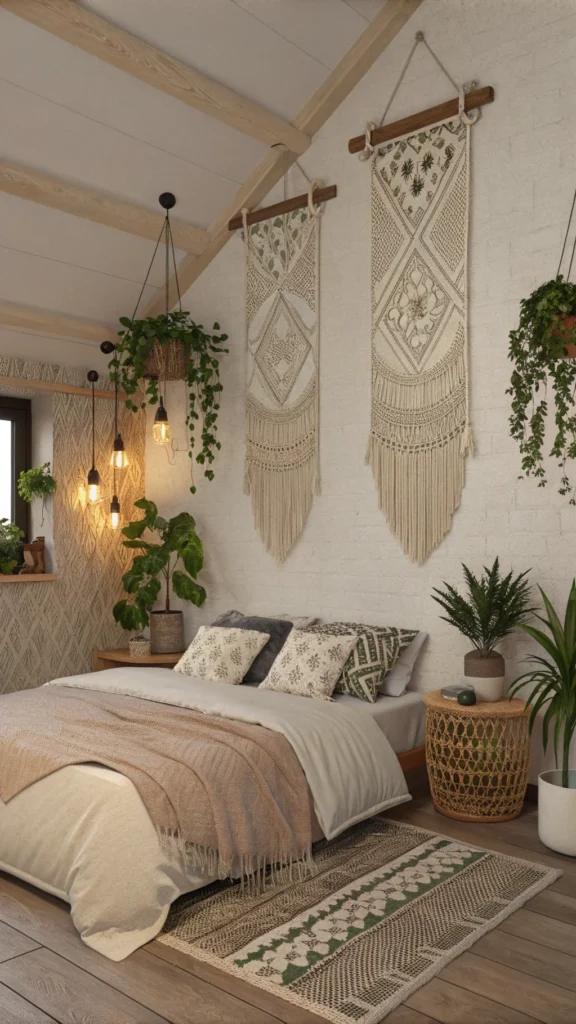 Cozy bedroom featuring macramé wall hangings and plant holders, showcasing a boho vibe.