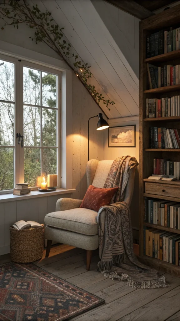 A cozy reading nook featuring a comfortable chair, warm lighting, and books.