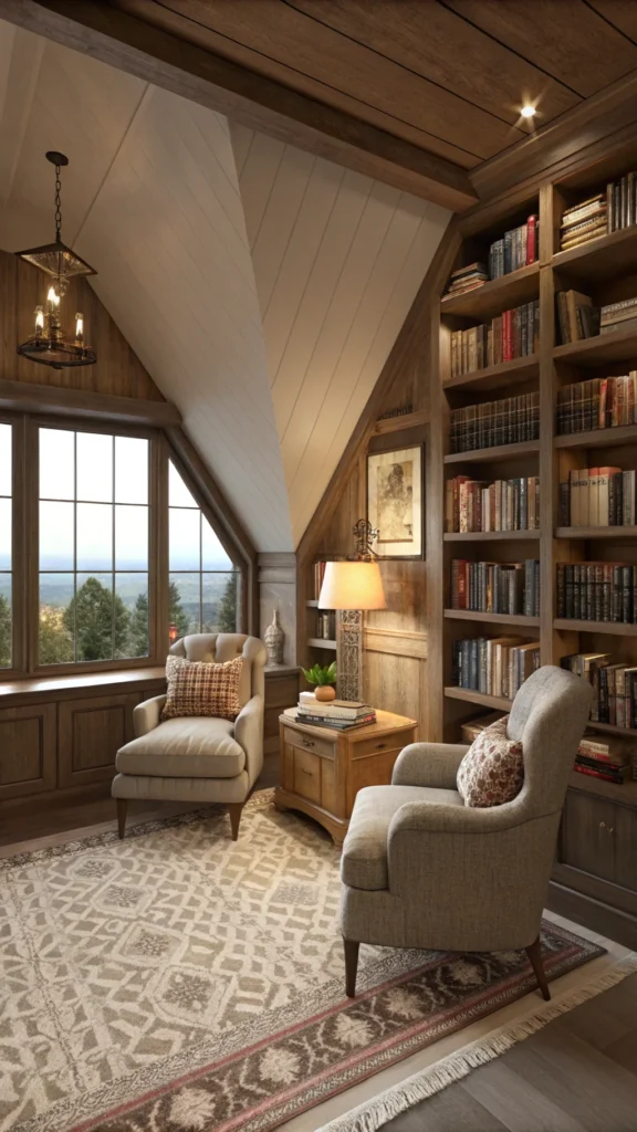 Cozy reading nook featuring plush seating, bookshelves, and a warm atmosphere.