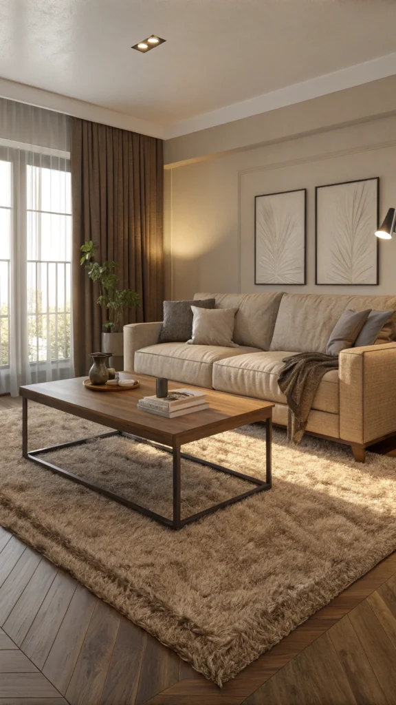 Cozy living room featuring a plush rug under a coffee table, with a sofa and plants nearby.