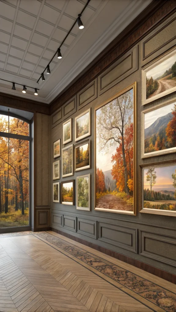 A collection of framed autumn-themed art prints featuring trees and fall foliage on a wall.