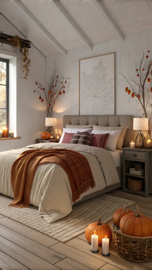 Cozy fall bedroom decor with pumpkins and candles on a bedside table.