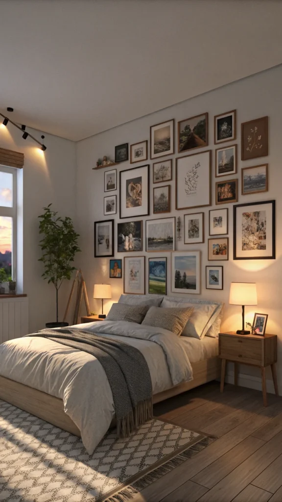 A cozy bedroom featuring a wall filled with framed photos, showcasing happy moments and memories.