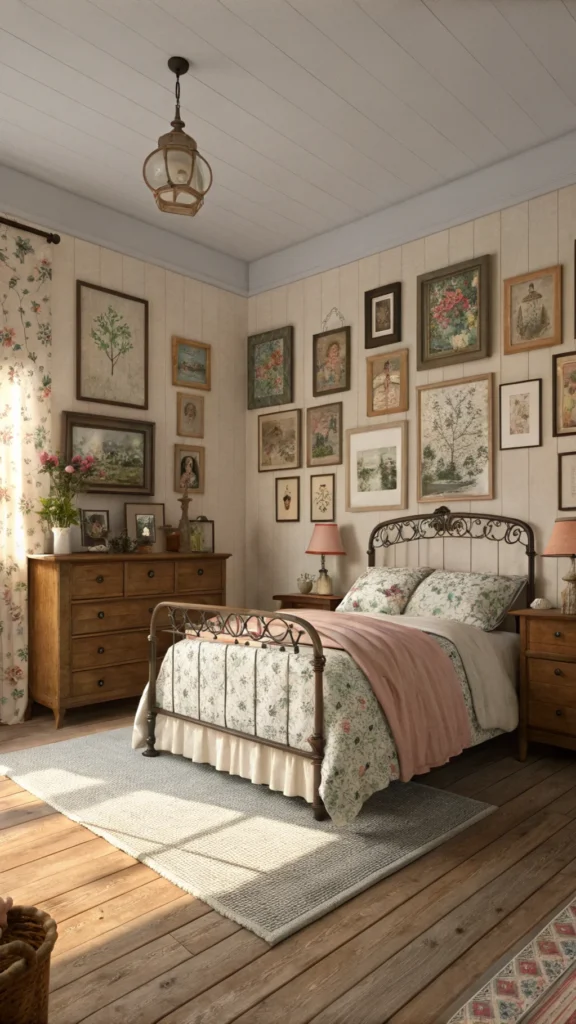 A cozy bedroom with vintage decor including framed pictures and various antique items.