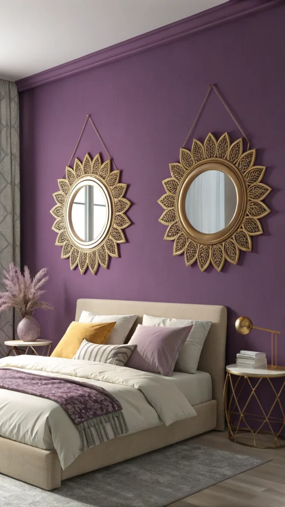 Two artistic gold mirrors hanging on a purple wall beside a bed with pillows