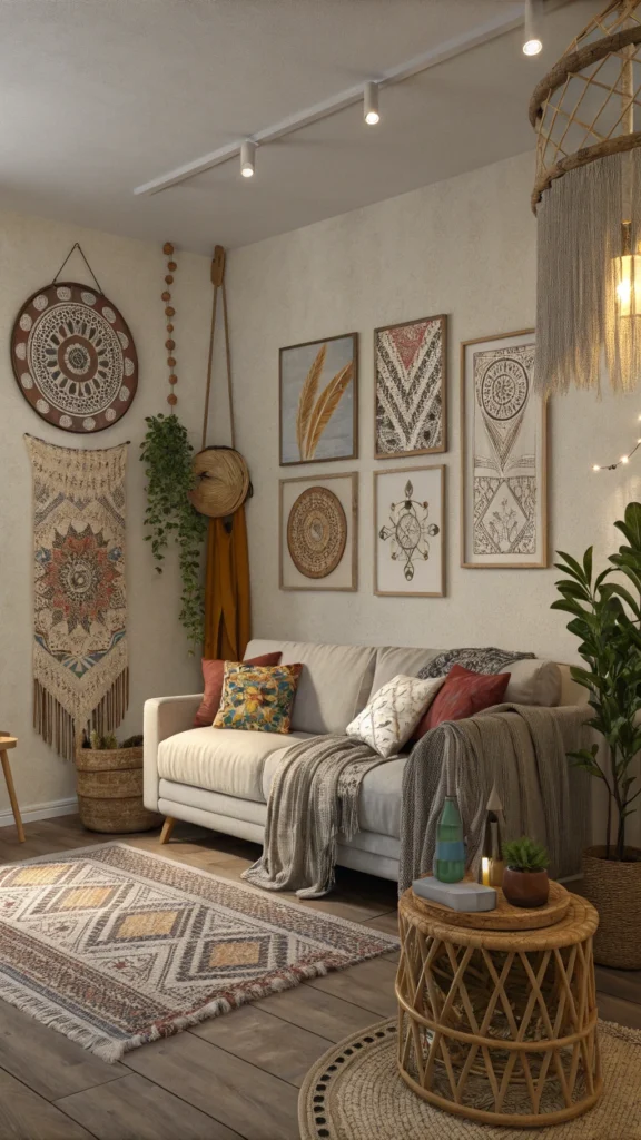 A bohemian living room with artistic wall hangings and a cozy couch.