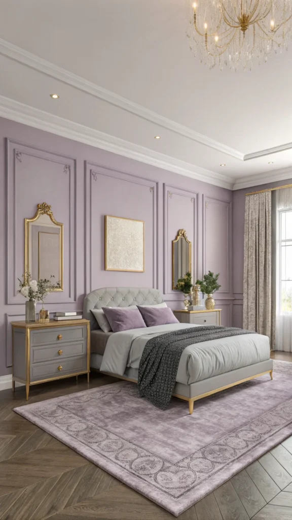 A serene lavender bedroom with gold and grey accents