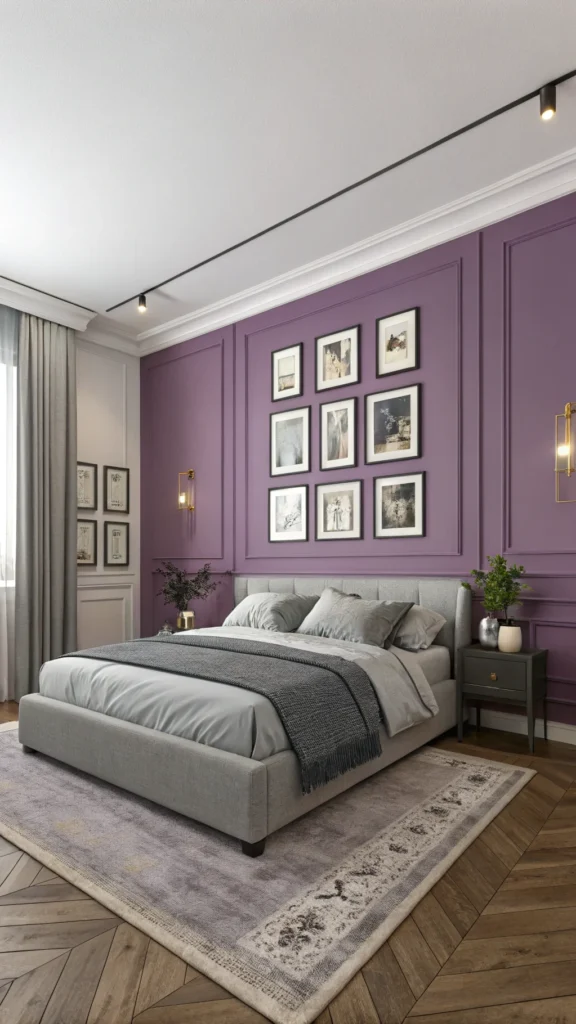 Bedroom featuring a purple accent wall with framed portraits and grey bedding.