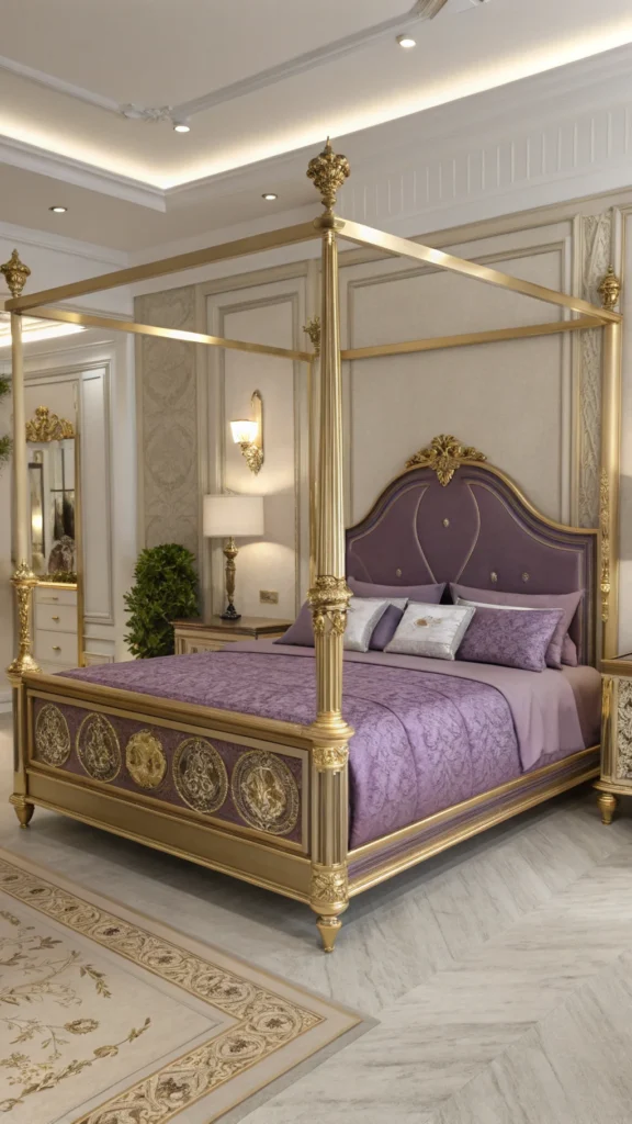 Elegant bed frame with gold accents and purple bedding