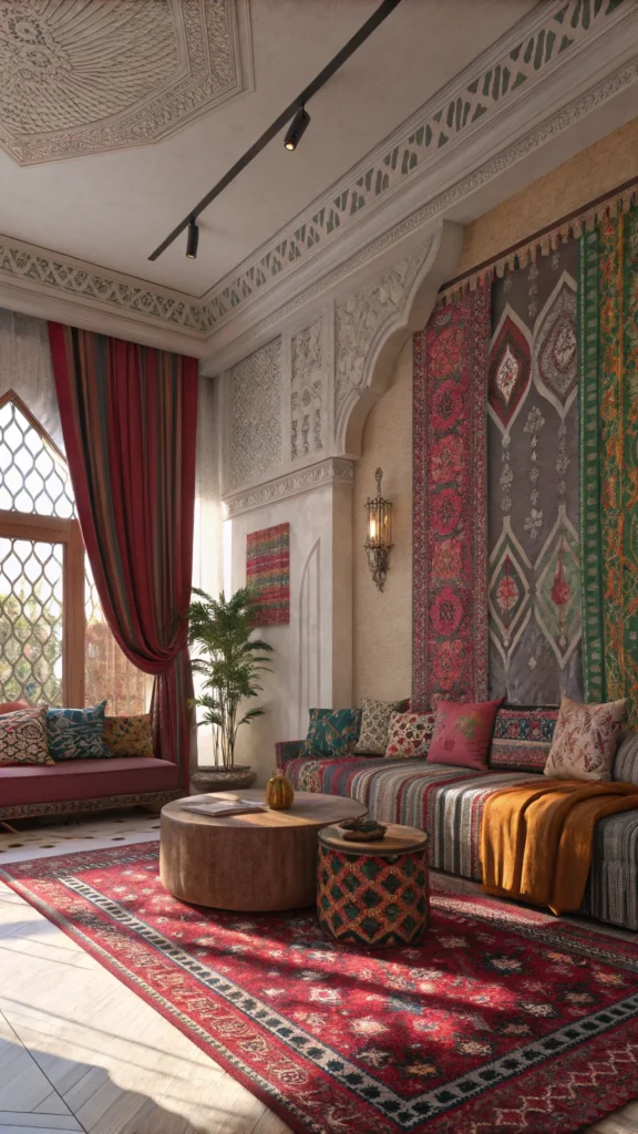 A vibrant living room showcasing rich textiles and bold patterns.