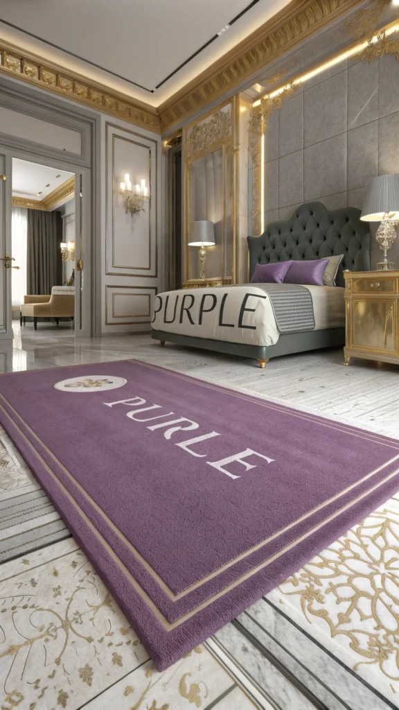 A plush purple area rug with white lettering, set in a stylish bedroom with gold and grey accents.