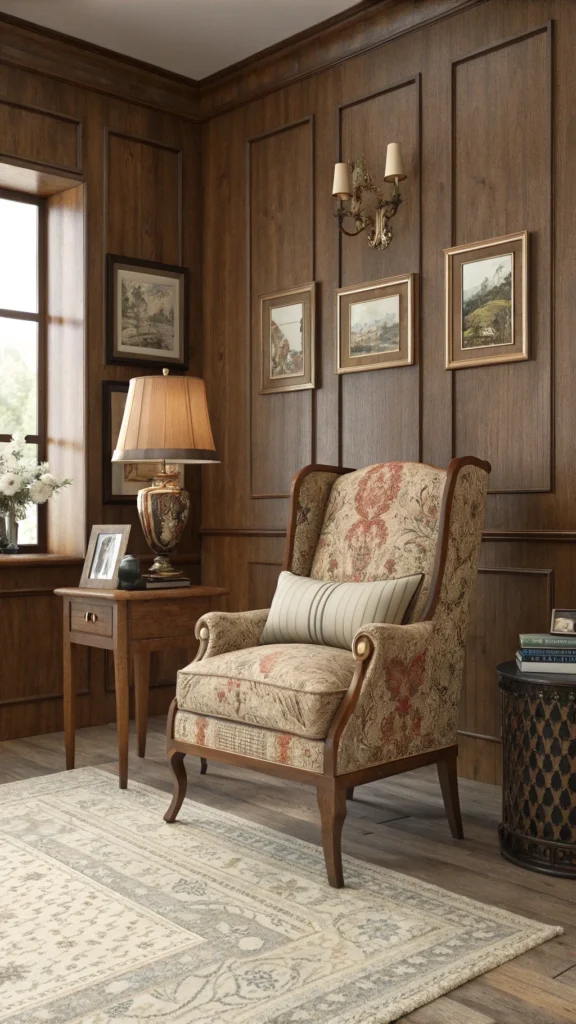 A cozy living room featuring a vintage armchair, side table, and decor elements that highlight colonial modern and English-inspired interiors.