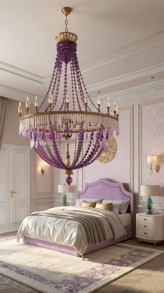 Whimsical purple chandelier with gold accents in an elegant bedroom.