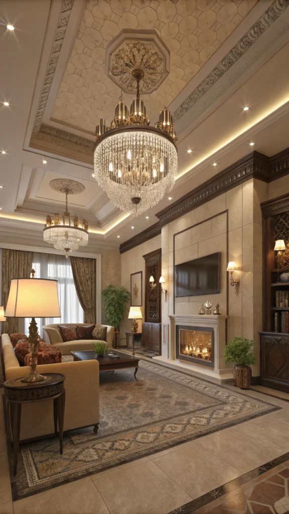 A beautifully designed living room featuring layered lighting with chandeliers and various lamps.