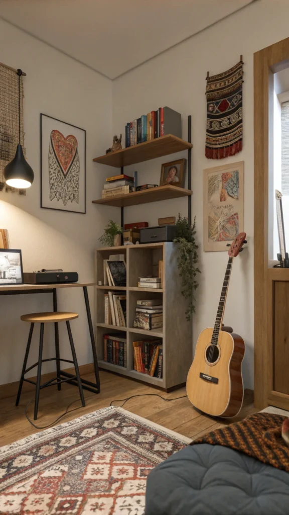 A cozy room featuring guitars, books, and eclectic decor that reflects a personal style.