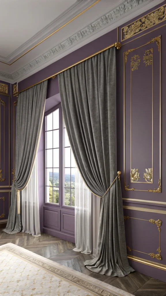 A bedroom featuring sophisticated grey drapes framing a window, with purple walls and gold accents.